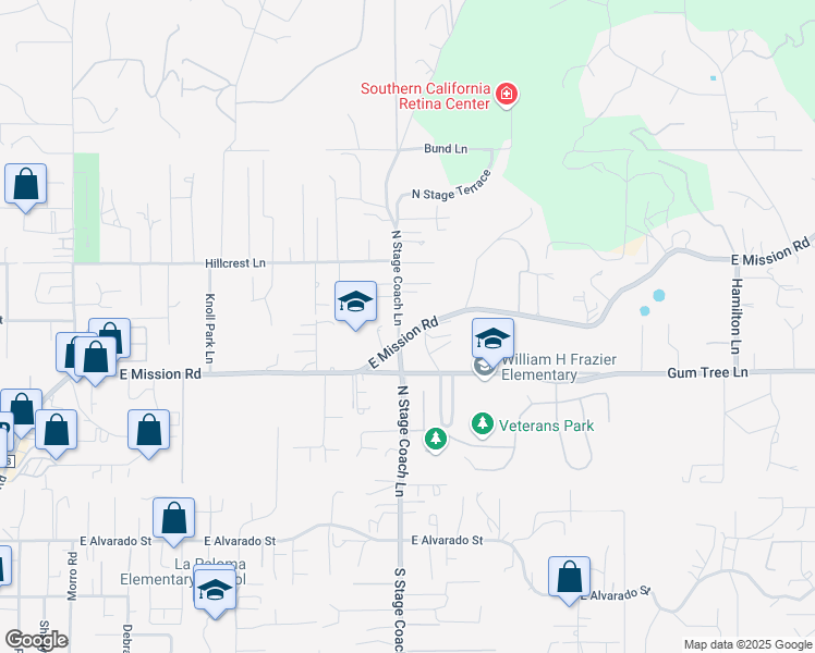 map of restaurants, bars, coffee shops, grocery stores, and more near 1708 East Mission Road in Fallbrook