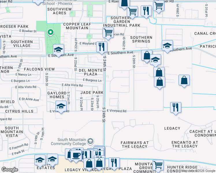 map of restaurants, bars, coffee shops, grocery stores, and more near 2422 East Alta Vista Road in Phoenix