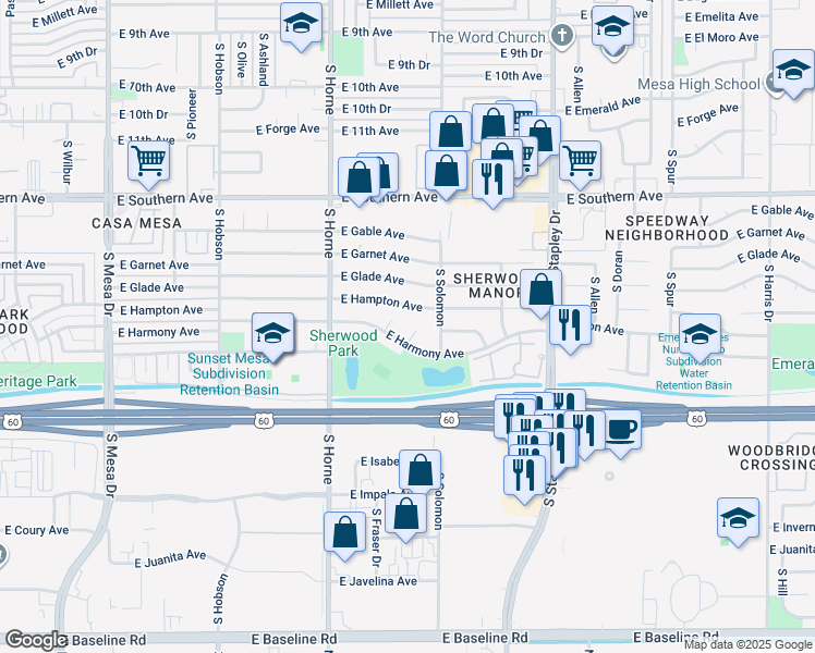 map of restaurants, bars, coffee shops, grocery stores, and more near 919 East Harmony Avenue in Mesa
