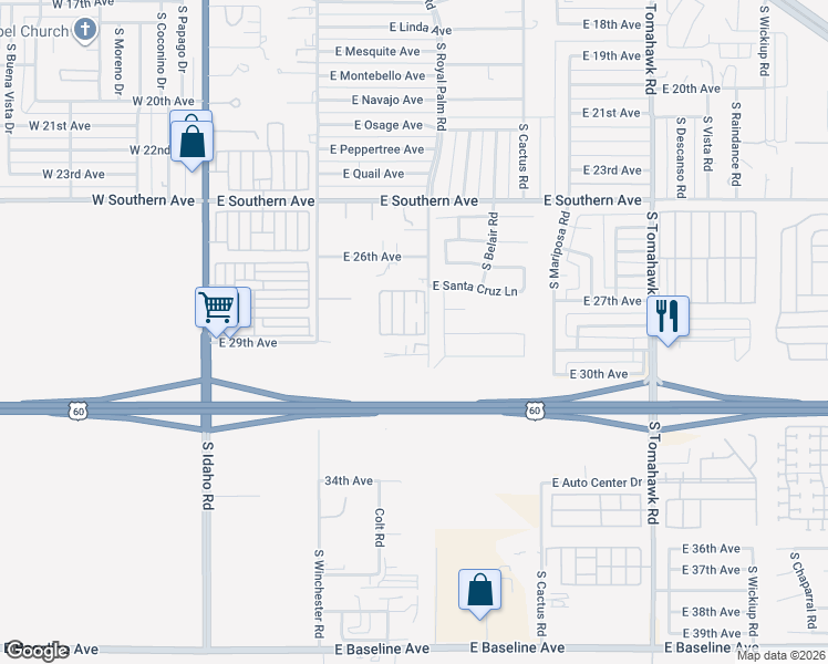 map of restaurants, bars, coffee shops, grocery stores, and more near 2760 South Royal Palm Road in Apache Junction