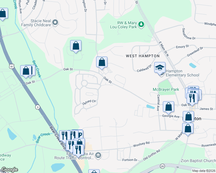 map of restaurants, bars, coffee shops, grocery stores, and more near 12 Wickford Drive in Hampton