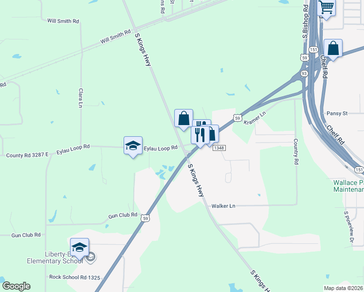 map of restaurants, bars, coffee shops, grocery stores, and more near 7211 Eylau Loop Road in Texarkana