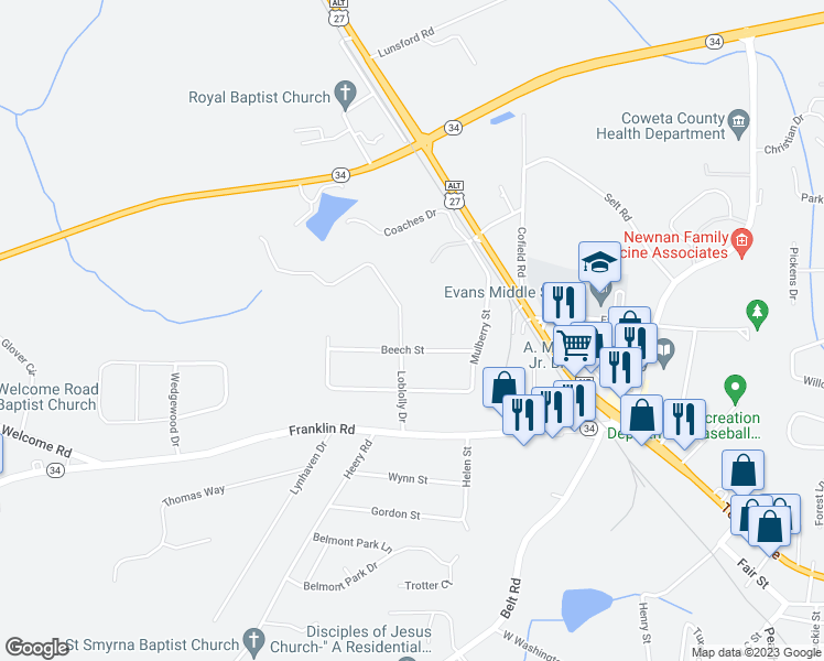 map of restaurants, bars, coffee shops, grocery stores, and more near 11 Loblolly Drive in Newnan