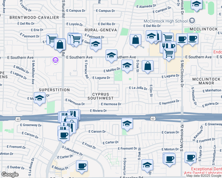 map of restaurants, bars, coffee shops, grocery stores, and more near 1249 East La Jolla Drive in Tempe