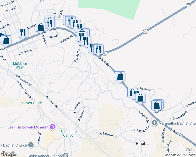 map of restaurants, bars, coffee shops, grocery stores, and more near 802 South Agave Drive in Globe
