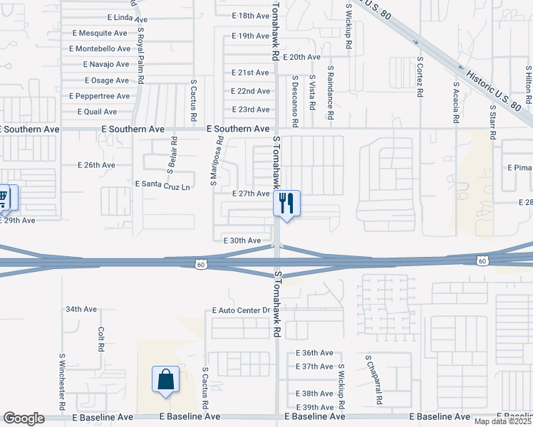 map of restaurants, bars, coffee shops, grocery stores, and more near 1535 East 29th Avenue in Apache Junction