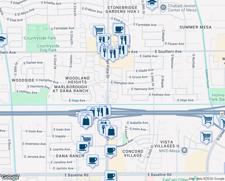map of restaurants, bars, coffee shops, grocery stores, and more near 1557 South Val Vista Drive in Mesa