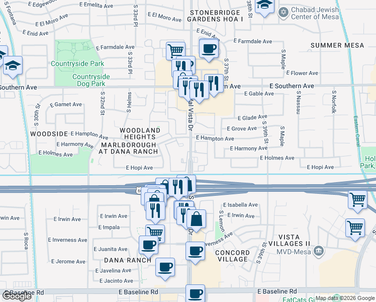 map of restaurants, bars, coffee shops, grocery stores, and more near 1440 South Val Vista Drive in Mesa