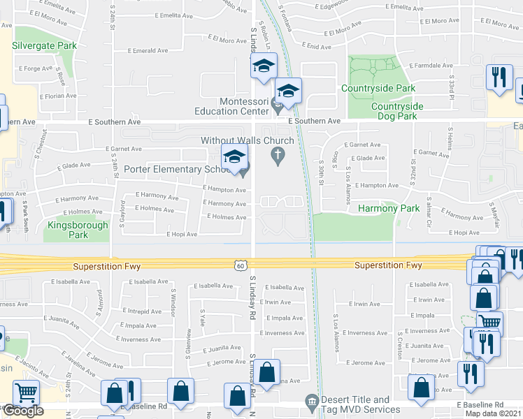map of restaurants, bars, coffee shops, grocery stores, and more near 1441 South Lindsay Road in Mesa