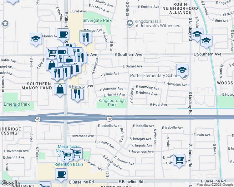 map of restaurants, bars, coffee shops, grocery stores, and more near 2311 East Holmes Avenue in Mesa