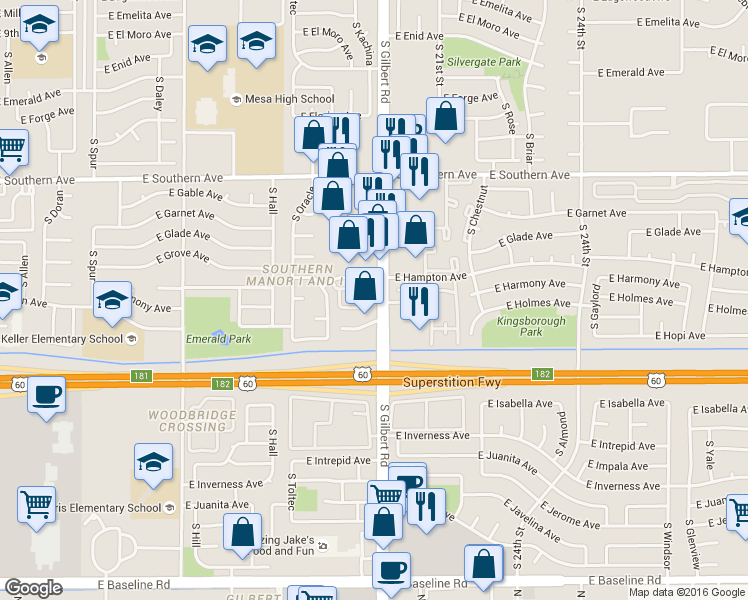 map of restaurants, bars, coffee shops, grocery stores, and more near 1530 South Gilbert Road in Mesa