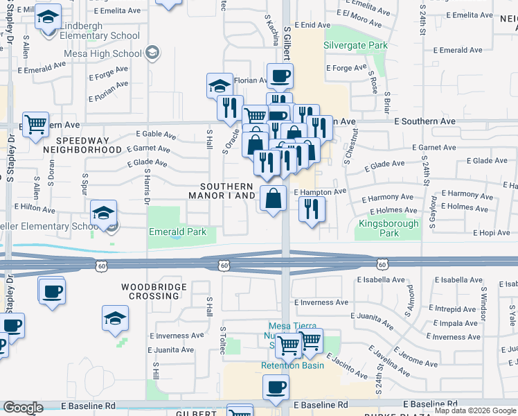 map of restaurants, bars, coffee shops, grocery stores, and more near 1453 South Cochise in Mesa