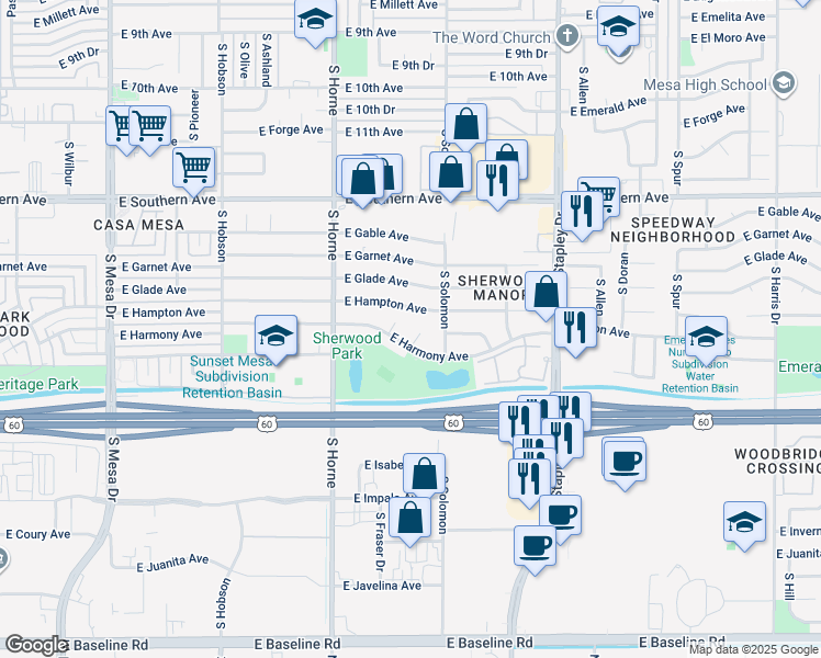 map of restaurants, bars, coffee shops, grocery stores, and more near 919 East Harmony Avenue in Mesa