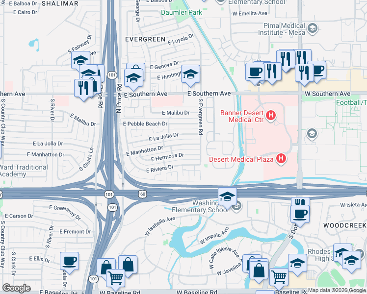 map of restaurants, bars, coffee shops, grocery stores, and more near 2459 East Hermosa Drive in Tempe