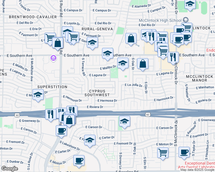 map of restaurants, bars, coffee shops, grocery stores, and more near 1249 East La Jolla Drive in Tempe