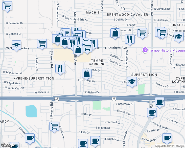 map of restaurants, bars, coffee shops, grocery stores, and more near 221 East Manhatton Drive in Tempe