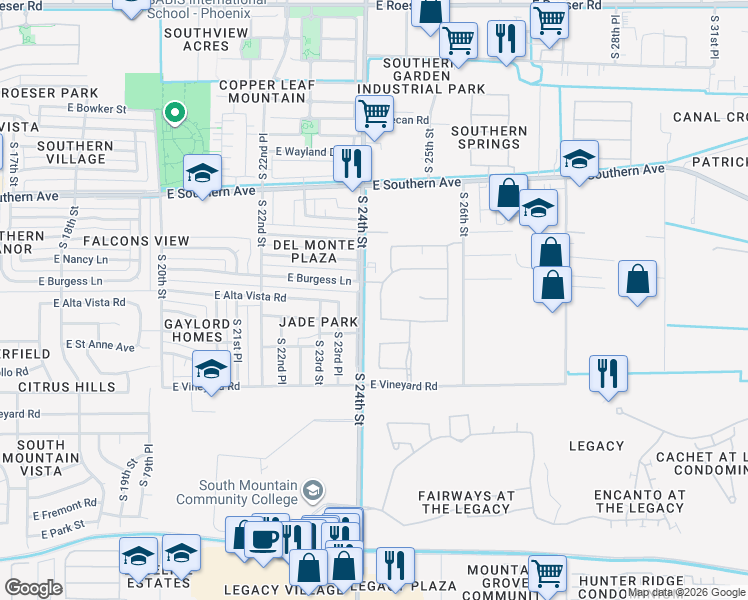 map of restaurants, bars, coffee shops, grocery stores, and more near 2422 East Alta Vista Road in Phoenix