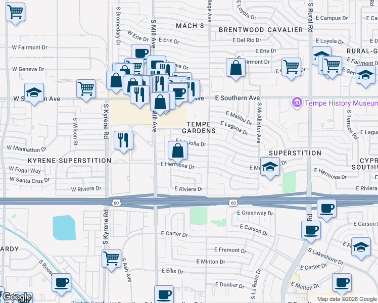 map of restaurants, bars, coffee shops, grocery stores, and more near 221 East Manhatton Drive in Tempe