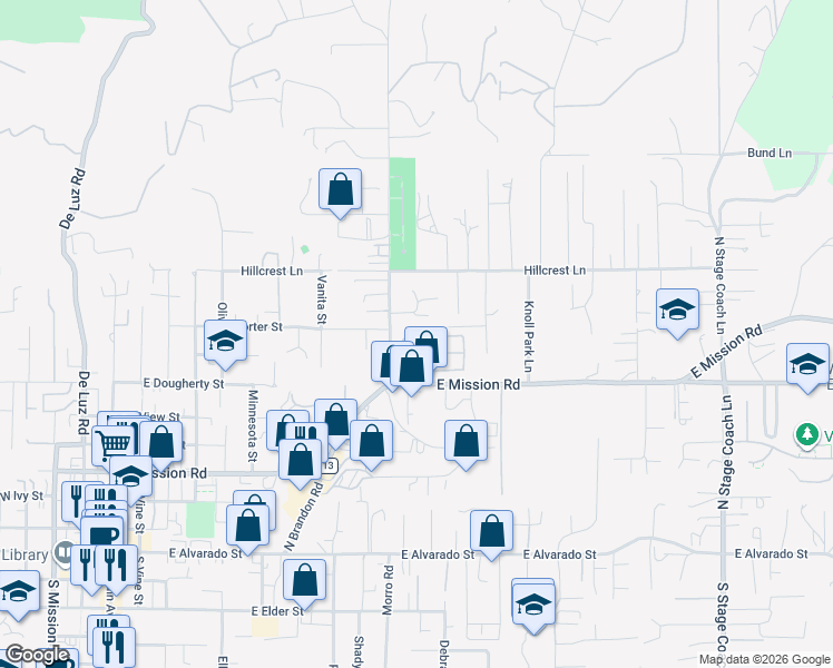 map of restaurants, bars, coffee shops, grocery stores, and more near Medio Terrace in Fallbrook