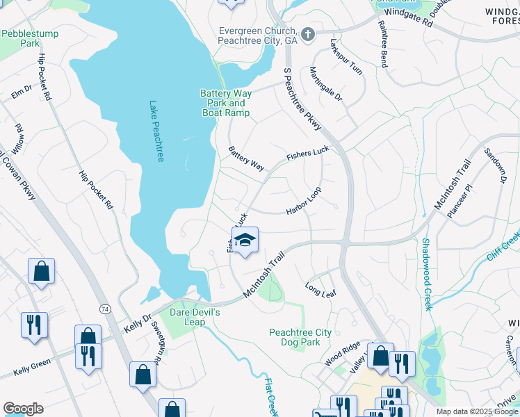 map of restaurants, bars, coffee shops, grocery stores, and more near 412 Harbor Loop in Peachtree City
