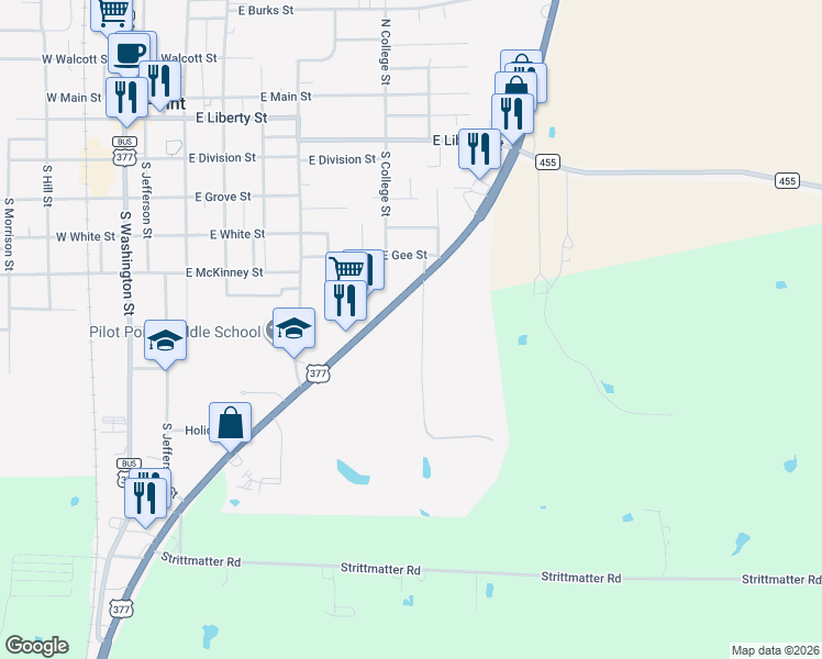 map of restaurants, bars, coffee shops, grocery stores, and more near 901 Debbie Lane in Pilot Point