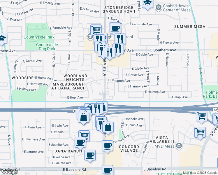 map of restaurants, bars, coffee shops, grocery stores, and more near 1557 South Val Vista Drive in Mesa