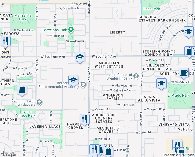 map of restaurants, bars, coffee shops, grocery stores, and more near 2612 West Novak Way in Phoenix