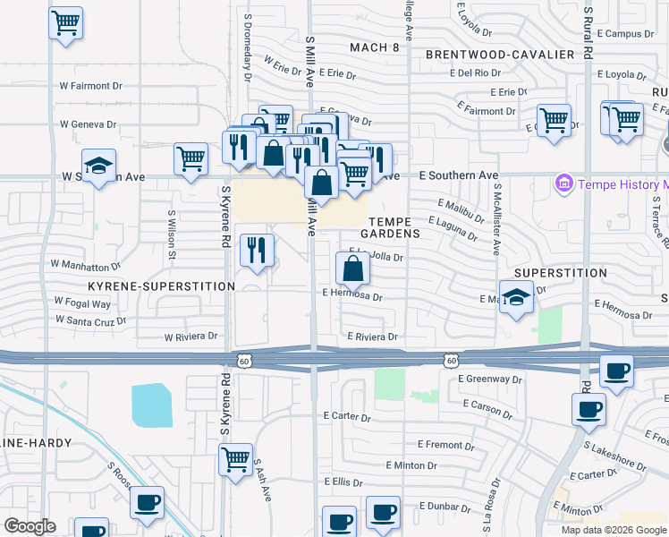 map of restaurants, bars, coffee shops, grocery stores, and more near 16 East Hermosa Drive in Tempe