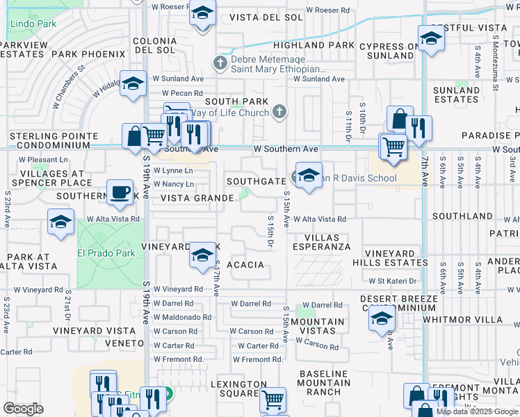 map of restaurants, bars, coffee shops, grocery stores, and more near 1534 West Alta Vista Road in Phoenix