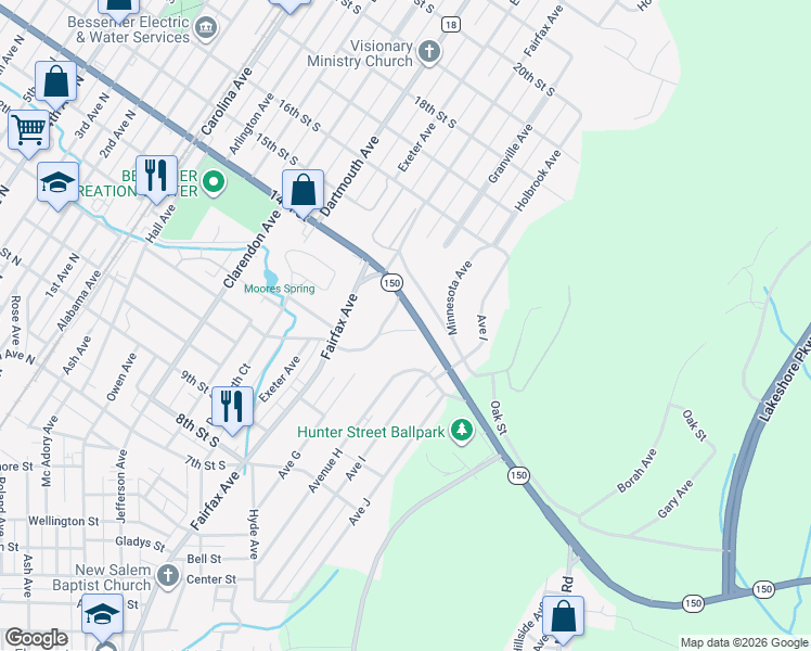 map of restaurants, bars, coffee shops, grocery stores, and more near 810 14th Street in Bessemer