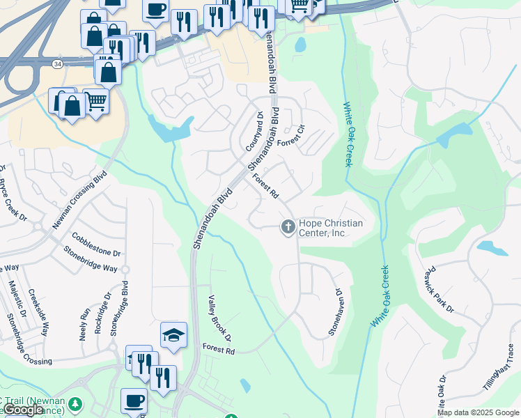 map of restaurants, bars, coffee shops, grocery stores, and more near 8 Marco Court in Newnan