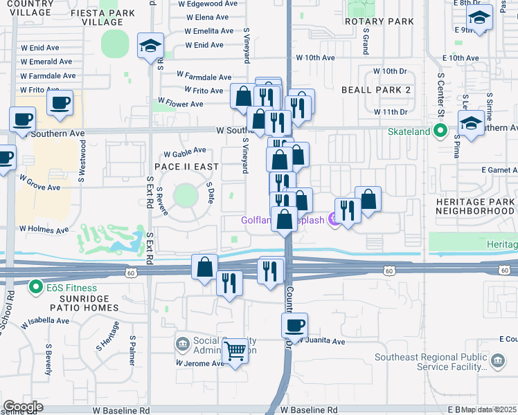map of restaurants, bars, coffee shops, grocery stores, and more near 1363 South Vineyard in Mesa