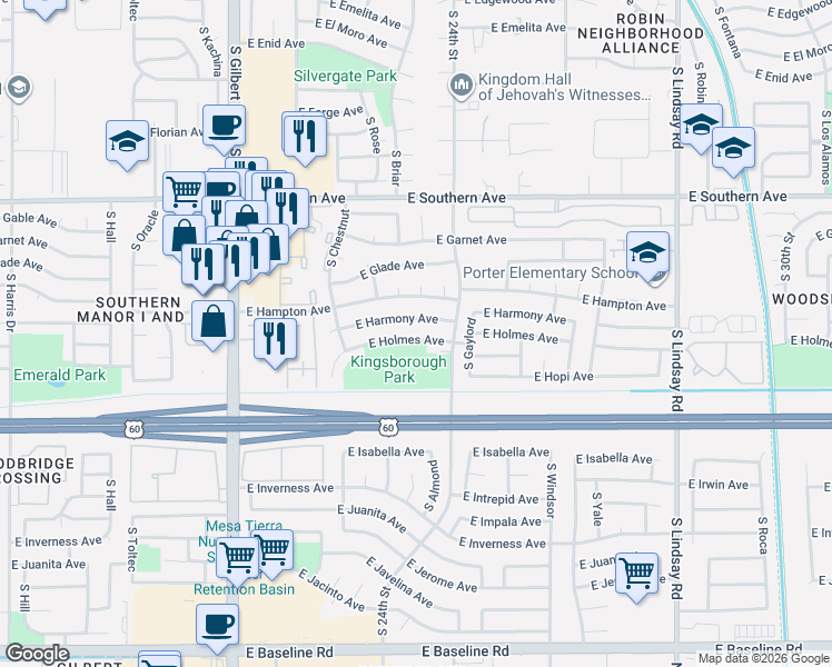 map of restaurants, bars, coffee shops, grocery stores, and more near 2311 East Holmes Avenue in Mesa