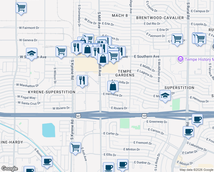 map of restaurants, bars, coffee shops, grocery stores, and more near 16 East Hermosa Drive in Tempe