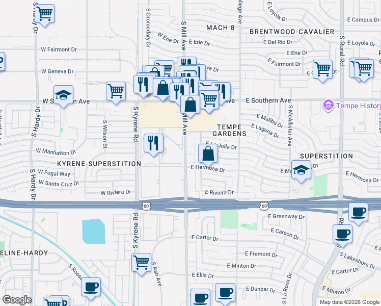 map of restaurants, bars, coffee shops, grocery stores, and more near 16 East Hermosa Drive in Tempe