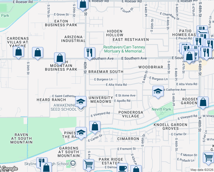 map of restaurants, bars, coffee shops, grocery stores, and more near 4107 East Saint Catherine Avenue in Phoenix