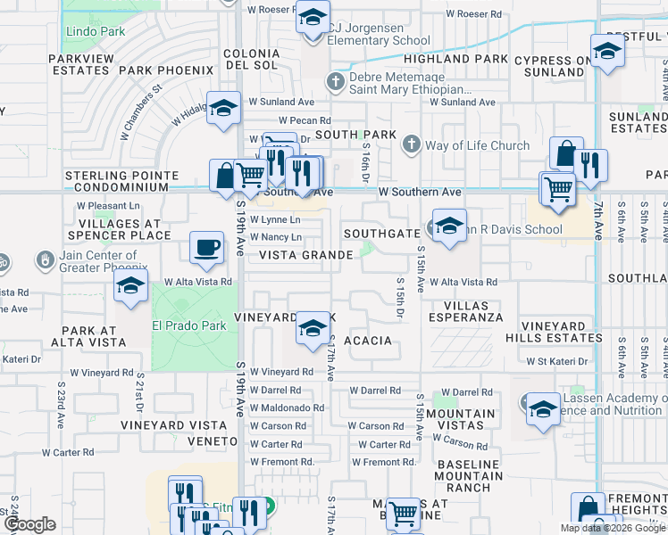 map of restaurants, bars, coffee shops, grocery stores, and more near 6240 South 16th Lane in Phoenix