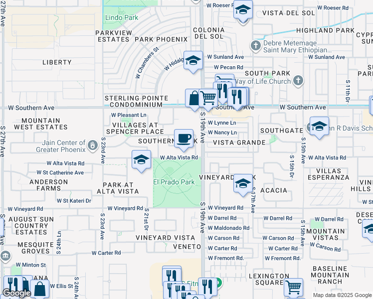 map of restaurants, bars, coffee shops, grocery stores, and more near 1932 West Alta Vista Road in Phoenix