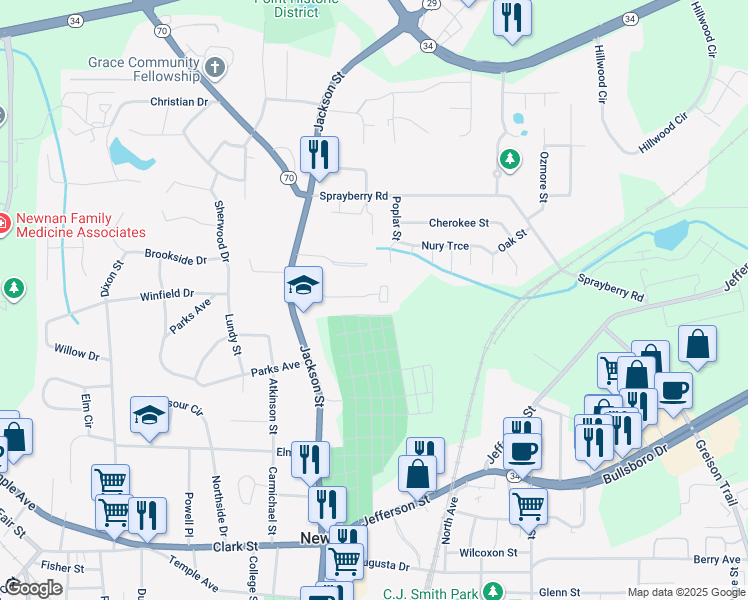 map of restaurants, bars, coffee shops, grocery stores, and more near 6 Woodland Place in Newnan