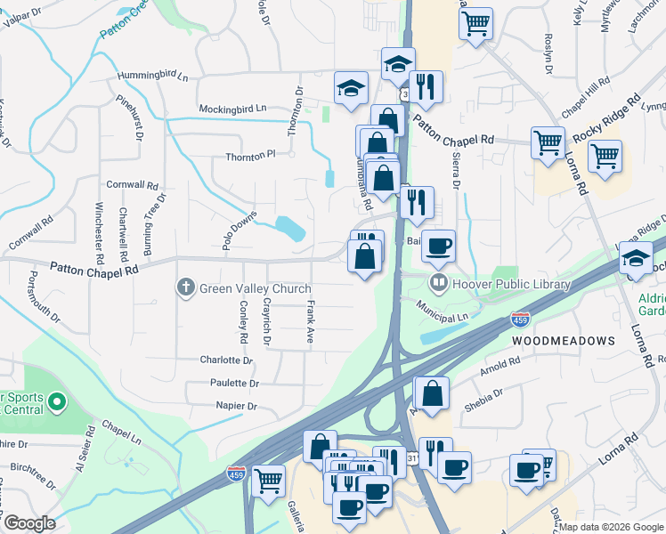 map of restaurants, bars, coffee shops, grocery stores, and more near 1909 Buttercup Drive in Birmingham
