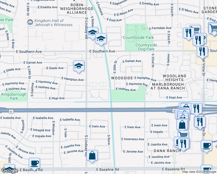 map of restaurants, bars, coffee shops, grocery stores, and more near 1425 South Lindsay Road in Mesa