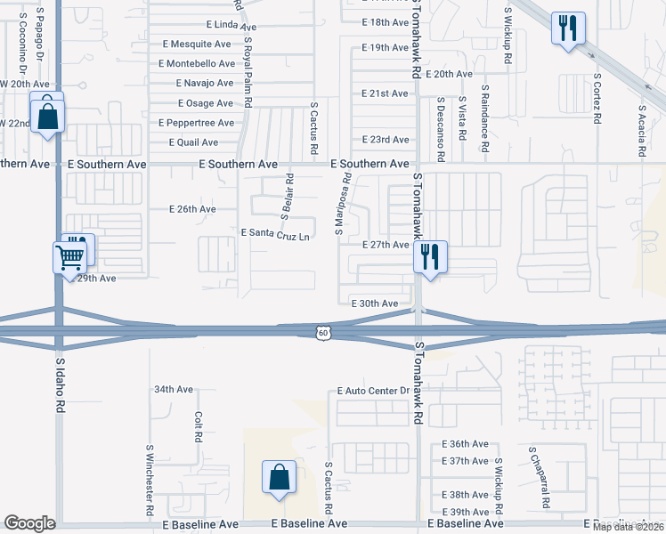 map of restaurants, bars, coffee shops, grocery stores, and more near 1260 East 29th Avenue in Apache Junction