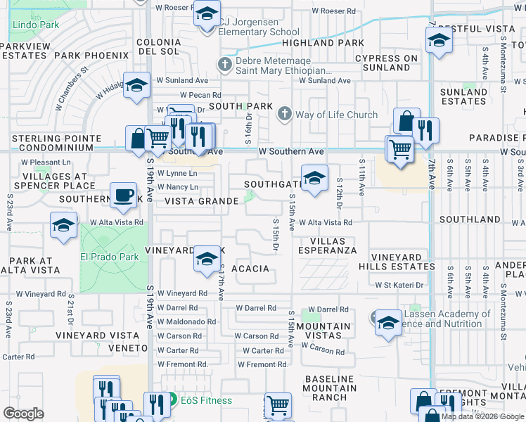 map of restaurants, bars, coffee shops, grocery stores, and more near 6506 South 15th Drive in Phoenix