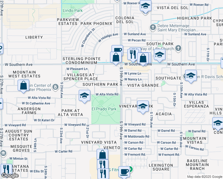 map of restaurants, bars, coffee shops, grocery stores, and more near 1932 West Alta Vista Road in Phoenix
