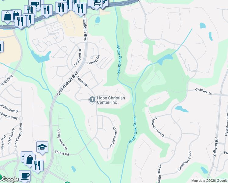 map of restaurants, bars, coffee shops, grocery stores, and more near 16 Buckthorne Drive in Newnan