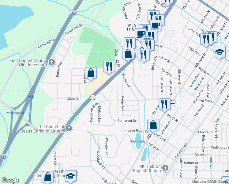 map of restaurants, bars, coffee shops, grocery stores, and more near 500 Ridge Avenue in Bessemer