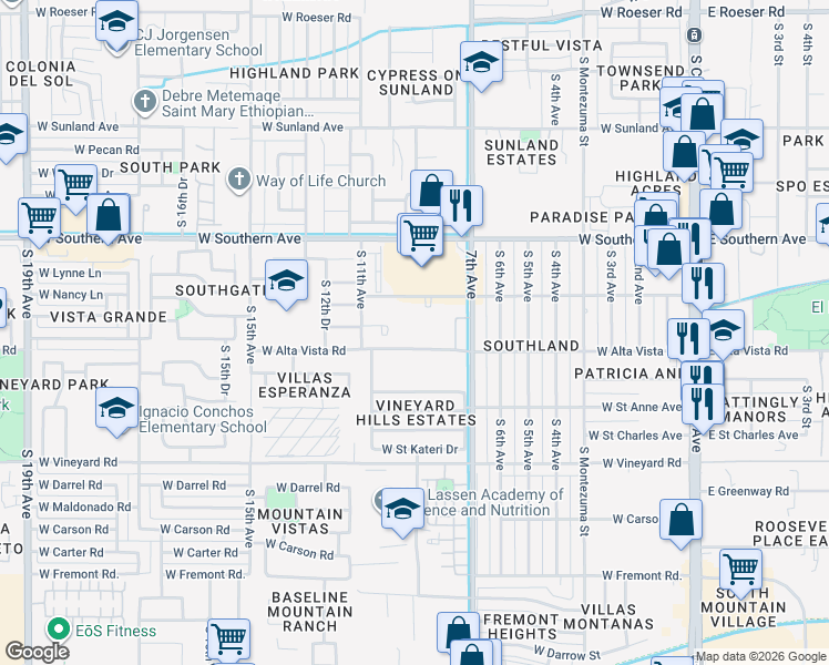 map of restaurants, bars, coffee shops, grocery stores, and more near 920 West Alta Vista Road in Phoenix