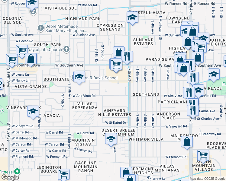 map of restaurants, bars, coffee shops, grocery stores, and more near 920 West Alta Vista Road in Phoenix