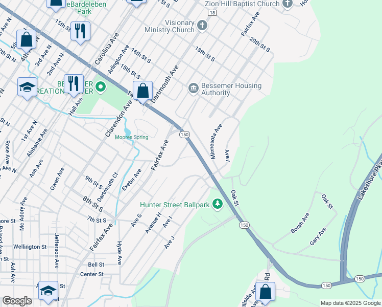 map of restaurants, bars, coffee shops, grocery stores, and more near 1228 Clubhouse Rd in Bessemer