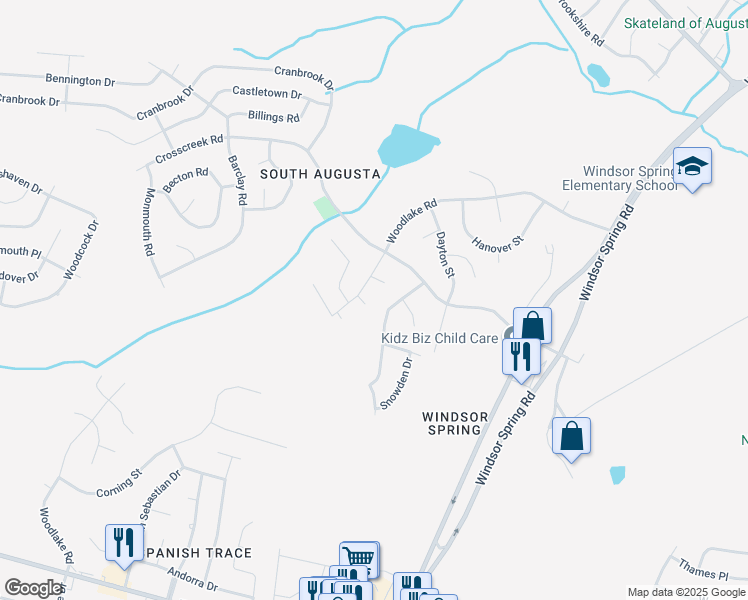 map of restaurants, bars, coffee shops, grocery stores, and more near 3588 Woodbridge Court in Hephzibah